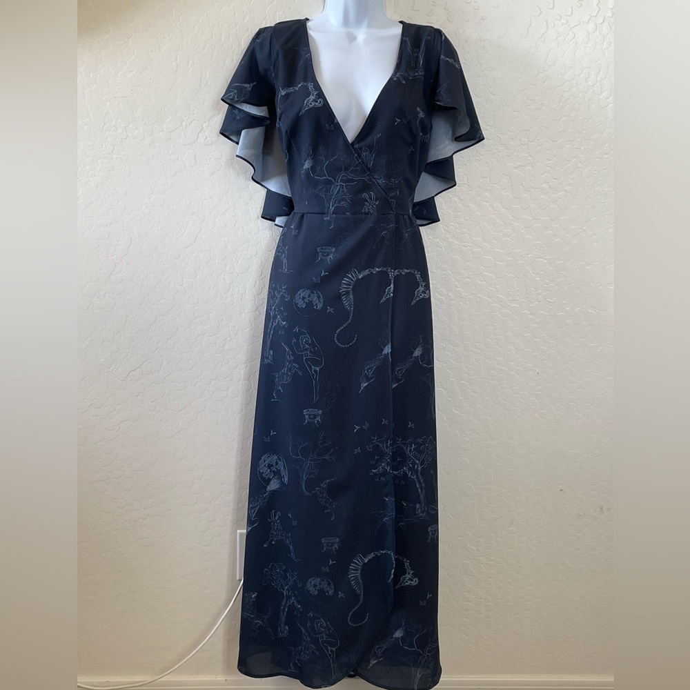 Navy blue patterned cape dress